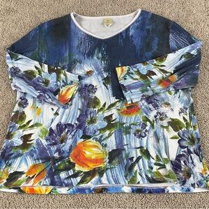 Jess & Jane Top Womens XL Made USA Colorful Abstract 3/4 Sleeve F127